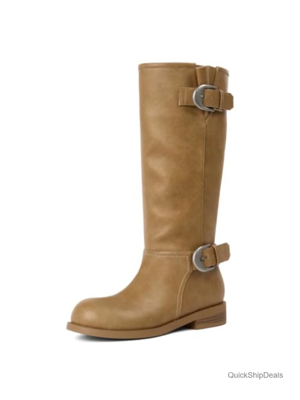 Faux Leather Slouchy Knee High Boots Low Block Heel Women's Combat Boots